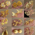 Gold Plated Iron Floral Butterfly Pearl Stud Earrings With Silver Pins, Chic Vintage Statement Design view 2