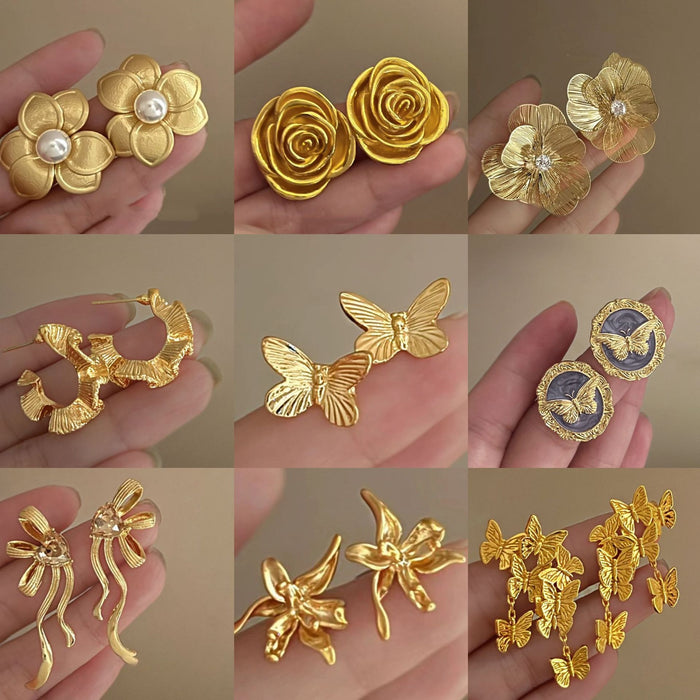Gold Plated Iron Floral Butterfly Pearl Stud Earrings With Silver Pins, Chic Vintage Statement Design