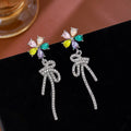 Luxury Flower Crystal Studs With Rhinestone Bow Tassel Dangle Elegant Women's Fashion Earrings view 2
