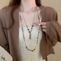 Vintage Artificial Crystal Coin Tassel Beaded Long Sweater Necklace Ethnic Geometric Stone Pendant view 4