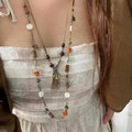 Vintage Artificial Crystal Coin Tassel Beaded Long Sweater Necklace Ethnic Geometric Stone Pendant view 1