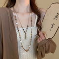 Vintage Artificial Crystal Coin Tassel Beaded Long Sweater Necklace Ethnic Geometric Stone Pendant view 2