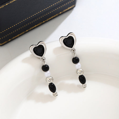 Elegant Korean Style Black Heart Alloy Studs With Pearl Beaded Tassel Dangle For Women Earrings