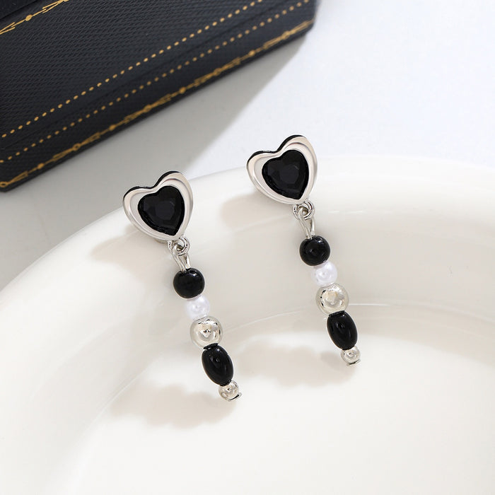Elegant Korean Style Black Heart Alloy Studs With Pearl Beaded Tassel Dangle For Women Earrings