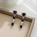 Elegant Korean Style Black Heart Alloy Studs With Pearl Beaded Tassel Dangle For Women Earrings view 2