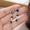 Elegant Korean Style Black Heart Alloy Studs With Pearl Beaded Tassel Dangle For Women Earrings view 3