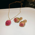 Stainless Steel Dried Rose Real Flower Stud Earrings Necklace Jewelry Set For Women view 2