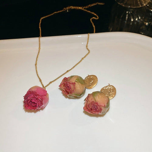 Stainless Steel Dried Rose Real Flower Stud Earrings Necklace Jewelry Set For Women