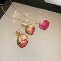 Stainless Steel Dried Rose Real Flower Stud Earrings Necklace Jewelry Set For Women view 4