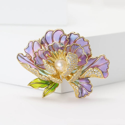 Copper Zircon Pearl Peony Brooch For Dress And Suit