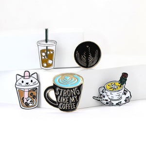 Alloy Enamel Cat Bubble Tea Brooch Pin With Pearl