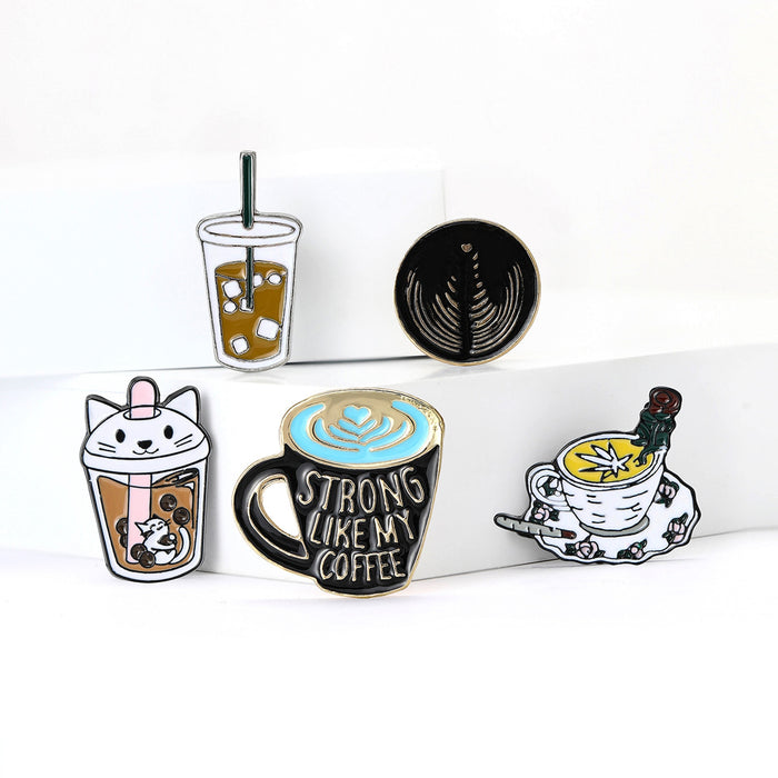 Alloy Enamel Cat Bubble Tea Brooch Pin With Pearl