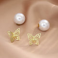Elegant French Vintage Gold Alloy Butterfly Studs With Detachable Pearl Two Way Women's Fashion Earrings view 3