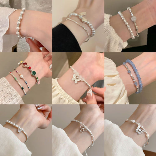 French Light Luxury Zircon Imitation Pearl Crushed Silver Geometric Round Bangle For Women