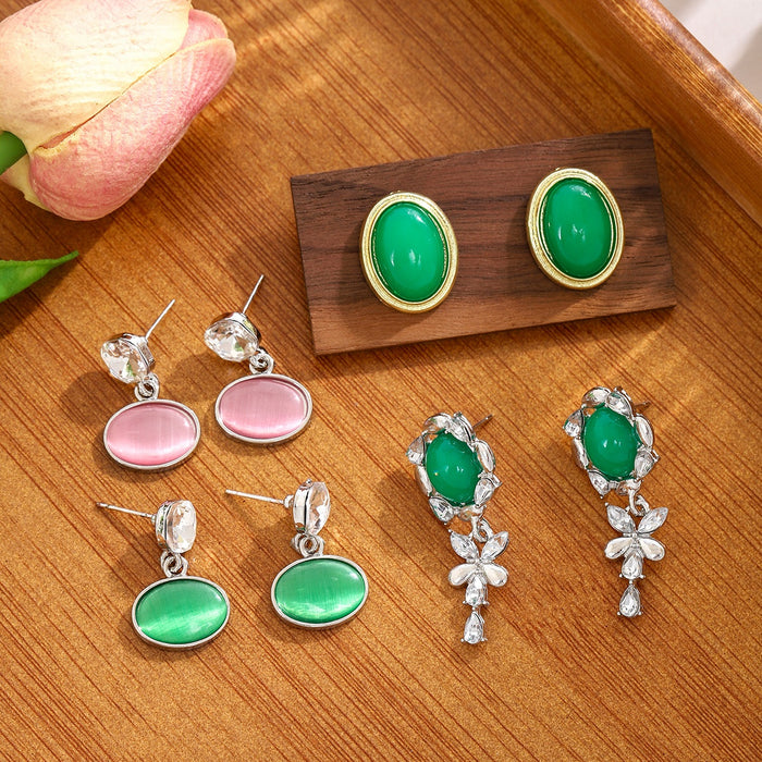 Vintage Palace Style Emerald Oval Rhinestone Butterfly Water Drop Silver Needle Elegant Women's Earrings