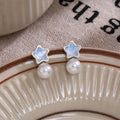 Elegant Korean Blue Five-Point Star Crystal Studs With Faux Pearl Drop Summer Fresh Women Earrings view 4