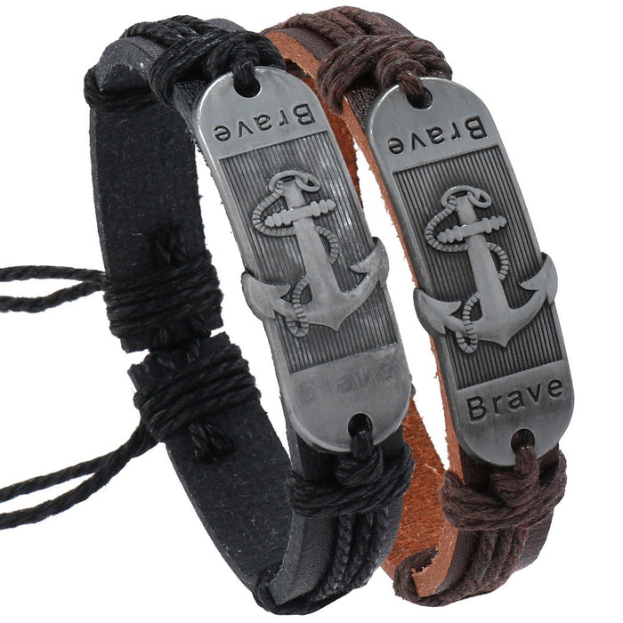 Ocean Series Handmade Braided Leather Bracelet With Alloy Anchor Charm, Beach Vacation Style
