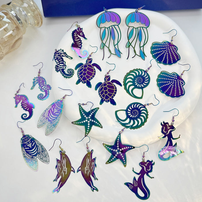 European American Colorful Laser Starfish Seahorse Shell Jellyfish Ocean Earrings
