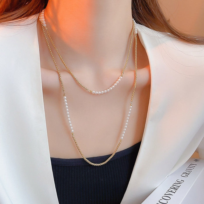French Vintage Faux Pearl Beaded Geometric Round Sweater Necklace For Women