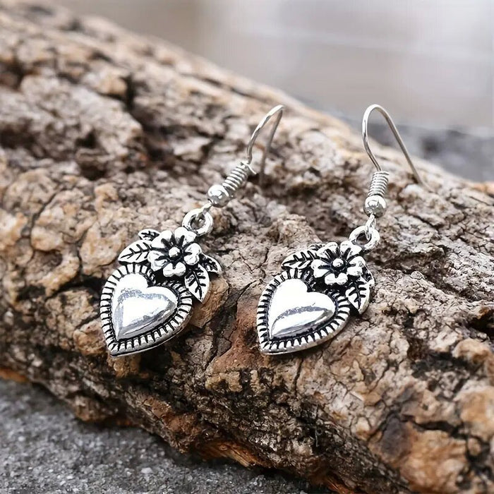 Vintage Antiqued Heart Floral Hook Earrings For Women, European American Fashion Ear Jewelry