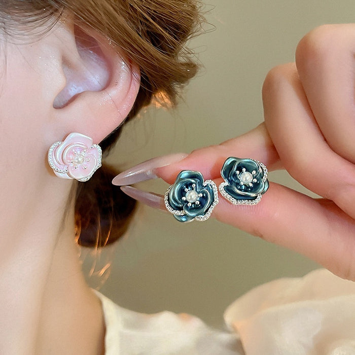 Pink Rose Flower Pearl Stud Earrings With Copper Alloy Posts, French Sweet Elegant Style