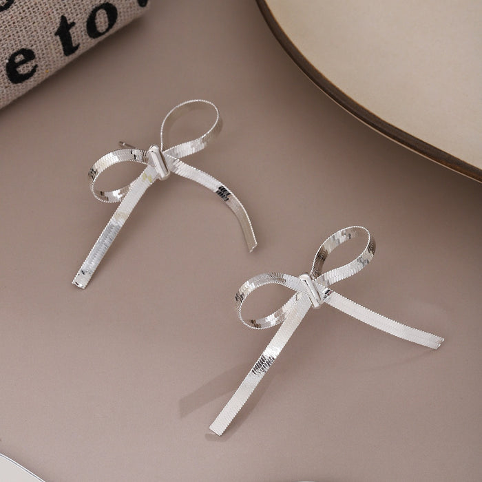 Elegant Silver Alloy Bowknot Stud Earrings For Women, Minimalist Ribbon Shape Fashion Earrings