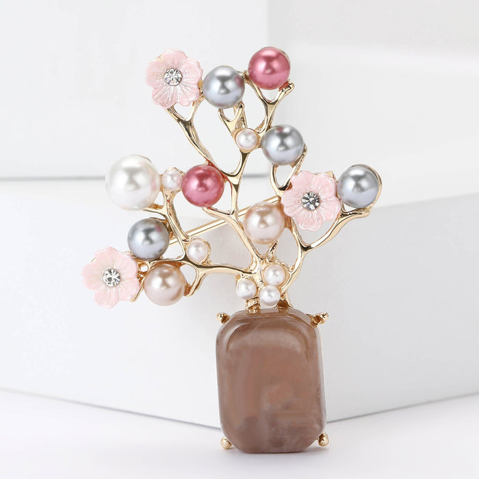 Alloy Pearl Plum Vase Brooch For Elegant Women's Apparel