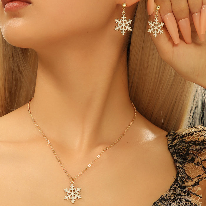 Elegant Christmas Snowflake Alloy Enamel Pendant Necklace Jewelry Set With Matching Drop Earrings