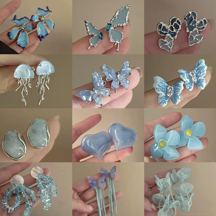 Blue Faux Pearl Floral Bow Stud Earrings Vacation Style Sweet Fresh Fashion Jewelry