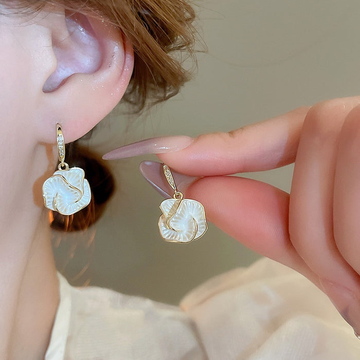 Gold Plated Copper Zircon Camellia Flower Drop Earrings French Chic Elegant Style
