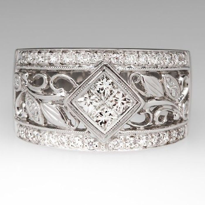 Vintage Ethnic Wide Band Ring Geometric Diamond Quadrilateral Branch Vine Women Finger Ring