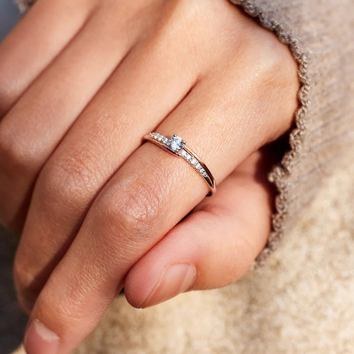 Korean Simple Two Tone Thin Pinky Ring Micro Pave Geometric Swing Arm Fashion Finger Jewelry