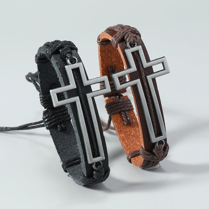 European American Handmade Braided Vintage Leather Bracelet With Alloy Cross Charm For Men
