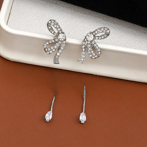 Elegant Korean Luxury Rhinestone Bowknot Tassel Drop Silver Needle Fashion Earrings