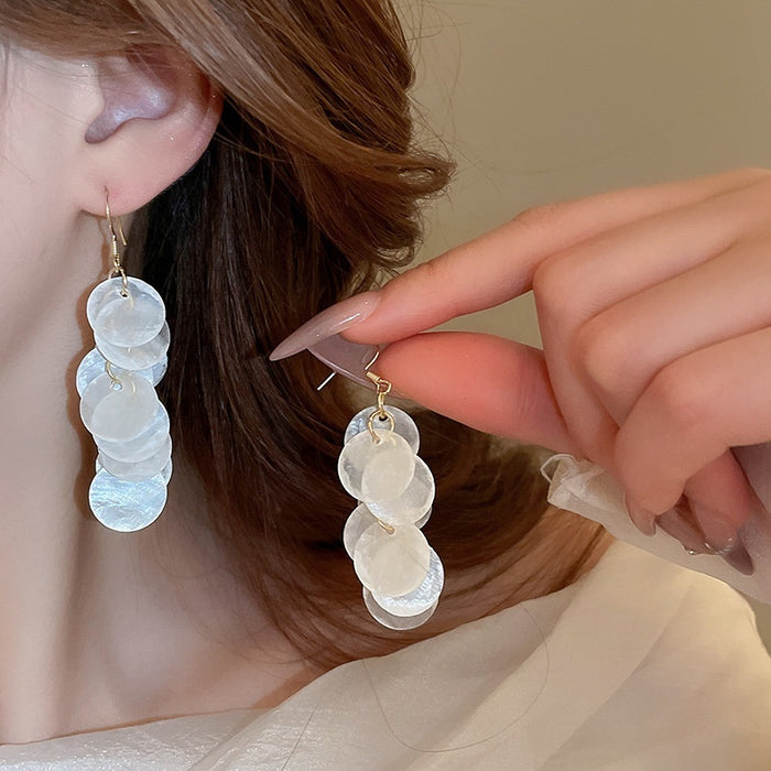 Alloy Scallop Sequin Tassel Drop Earrings For Women, Summer Resort Natural Geometric Style