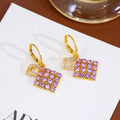 Luxury Geometric Diamond Square Purple Rhinestone Crystal Gold Alloy Leverback Dangle Earrings view 4