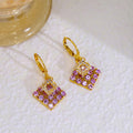 Luxury Geometric Diamond Square Purple Rhinestone Crystal Gold Alloy Leverback Dangle Earrings view 1