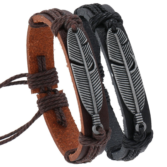 Simple Handmade Braided PU Leather Bracelet Vintage Alloy Feather Couple Wristband