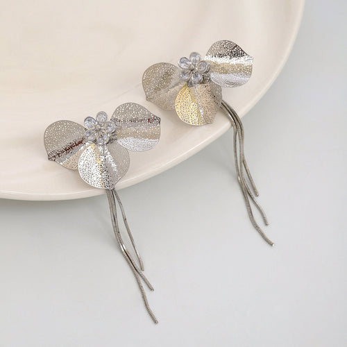 Elegant Silver Alloy Petal Flower Rhinestone Long Tassel Statement Two-Way Stud Earrings