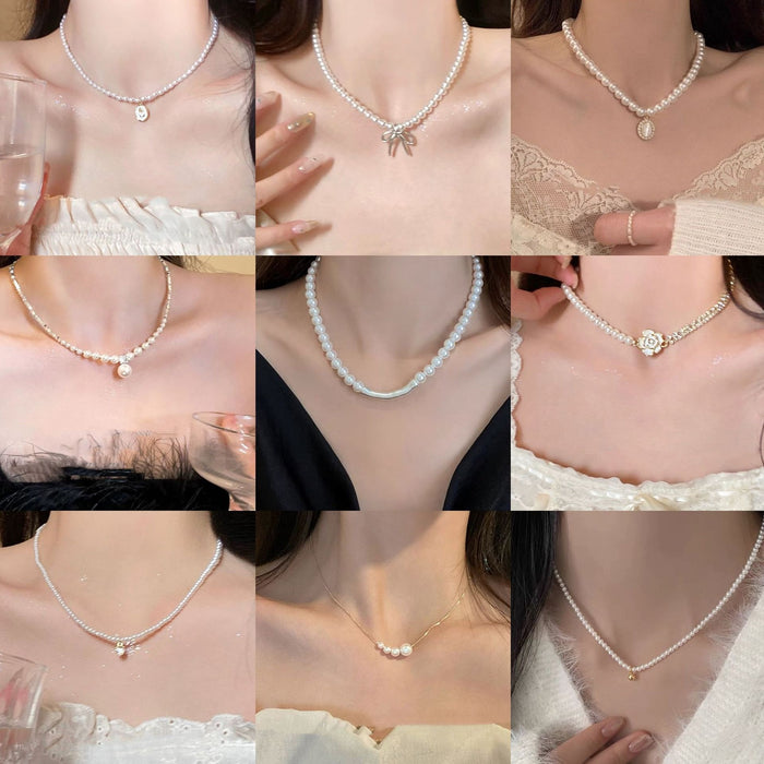 Gold Plated Faux Pearl Beaded Bow Necklace For Women, Elegant Versatile Collarbone Jewelry
