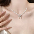 Gold Plated Faux Pearl Beaded Bow Necklace For Women, Elegant Versatile Collarbone Jewelry view 4