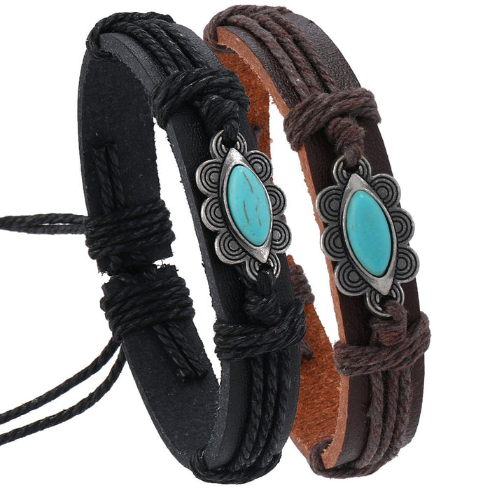 European American Minimalist Handmade Braided Vintage Leather Punk Bracelet With Adjustable Slider