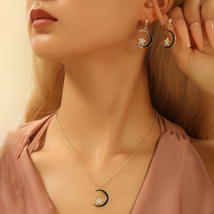 Elegant Luxury Black Enamel Crescent Moon And Star Rhinestone Zircon Alloy Drop Dangle Fashion Earrings
