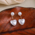 Elegant Two Way Pearl Heart Drop Stud For Women With Round Faux Pearl And Gold Alloy Chain Earrings view 4