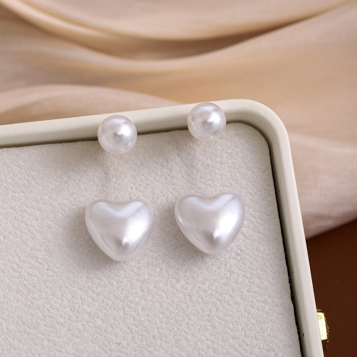 Elegant Two Way Pearl Heart Drop Stud For Women With Round Faux Pearl And Gold Alloy Chain Earrings