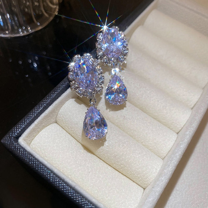 Chic Copper Oval Zircon Teardrop Pendant Drop Earrings For Women Elegant Geometric Jewelry