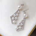 European American Luxury Faux Pearl Earrings, Long Irregular Symmetric Geometric Drop Earrings view 2