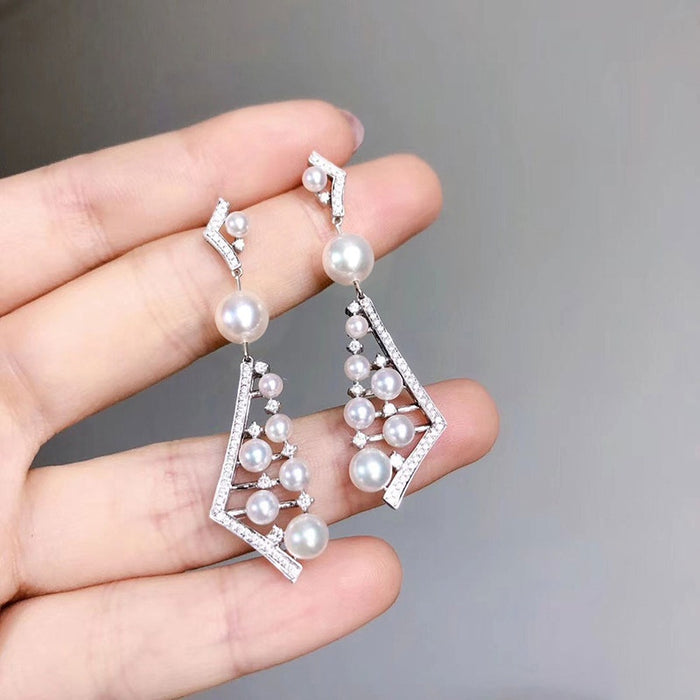 European American Luxury Faux Pearl Earrings, Long Irregular Symmetric Geometric Drop Earrings