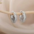 Hollow Floral Micro Pave Hoop Earrings For Women, Textured Circle Geometric Ear Cuff Jewelry view 5