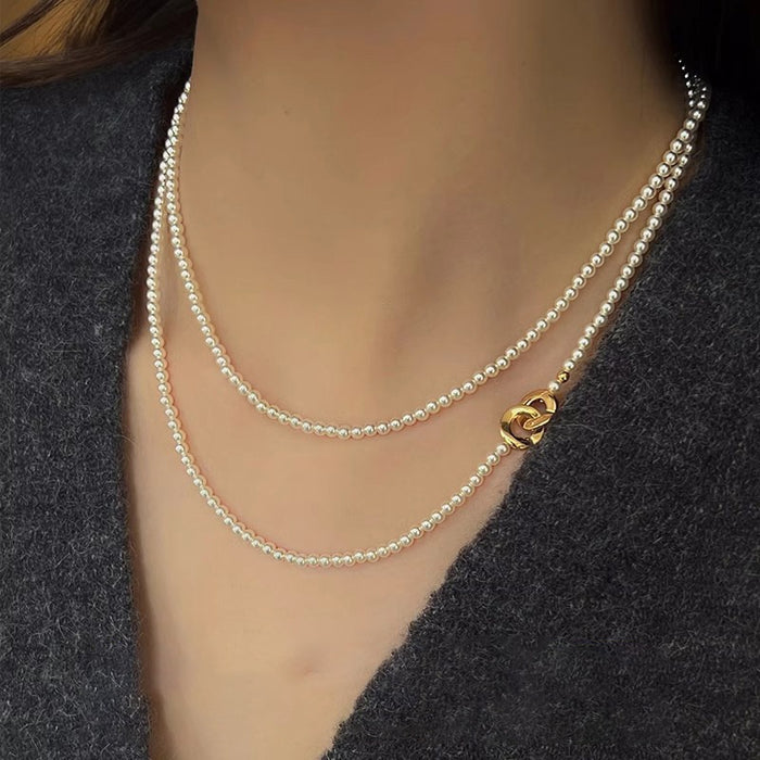 French Style Double Layer Faux Pearl Necklace With Geometric Round Ring Clasp